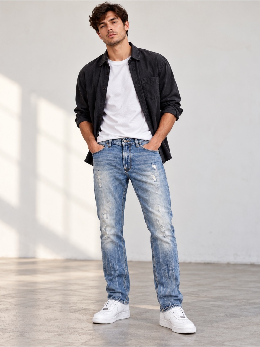 Guess Los Angeles Mens 33 Slim Straight Distressed Stretch Jeans Light Wash Y2K